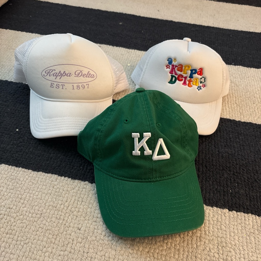 Kappa Delta Green and White Baseball Caps with White Embroidered Letters